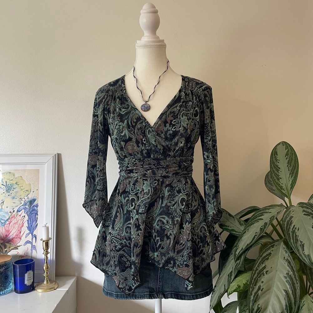 y2k fairycore tie back floral blouse 3/4 sleeves womens sz s whimsigoth green